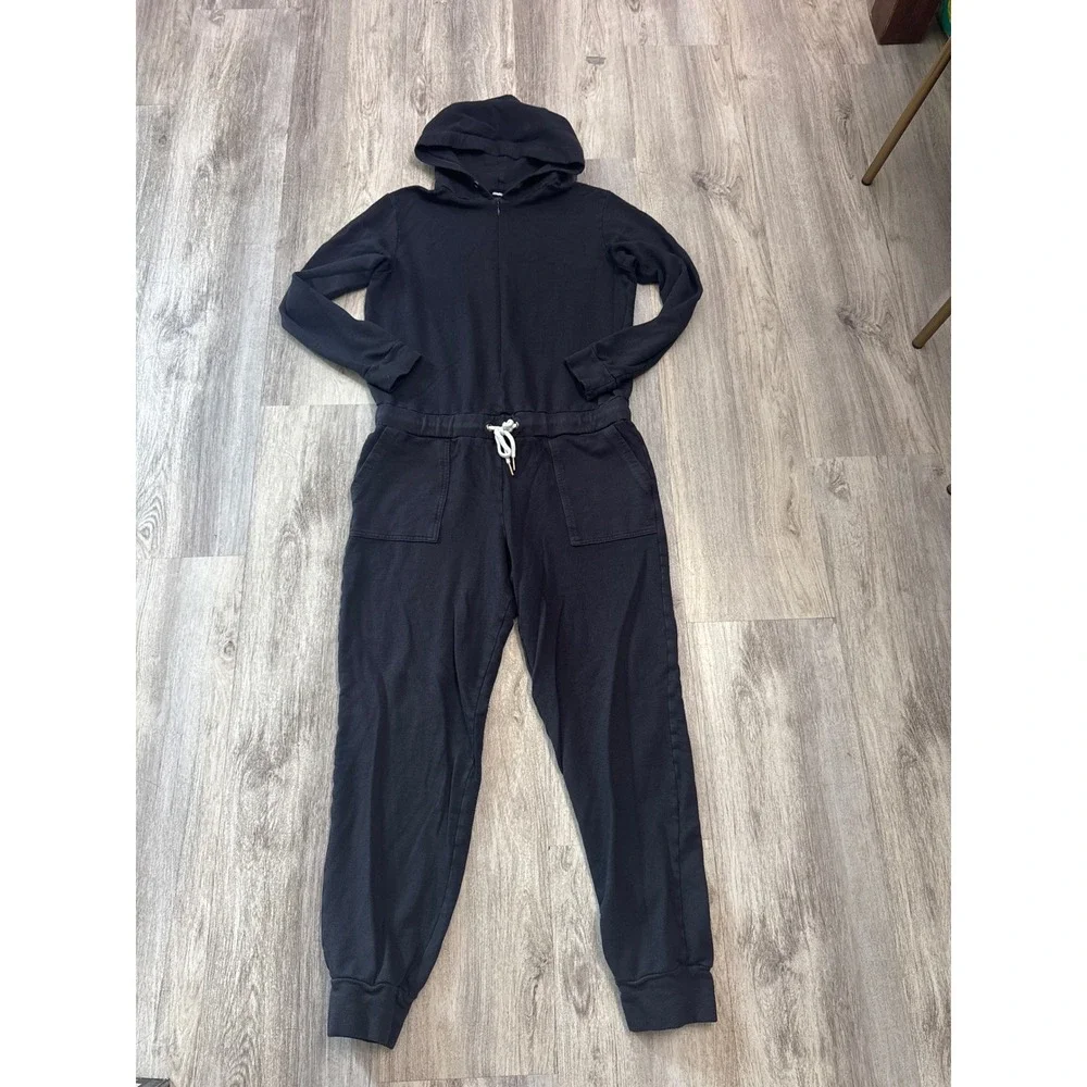 Monrow Supersoft Fleece Hooded Jumpsuit  Womens XL Charcoal Black Zip Up